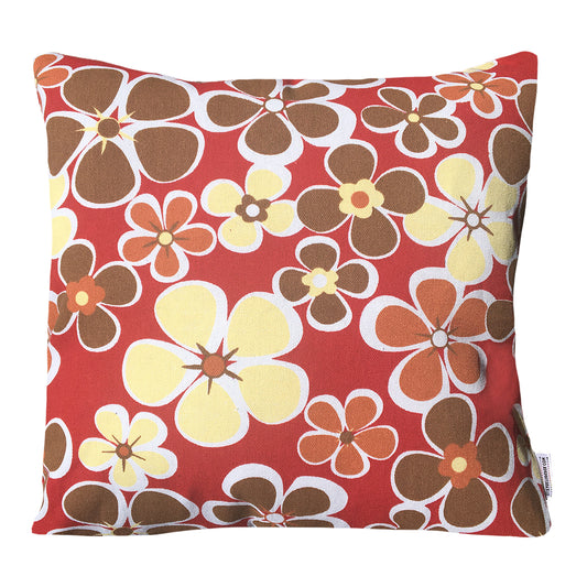 Funda Cojín Decorativo diseño rojo con Flores Cafe, Amarillo y Naranjo