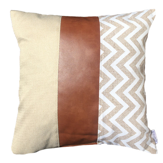Funda Cojín Decorativo EcoCuero ZigZag Crema y Blanco