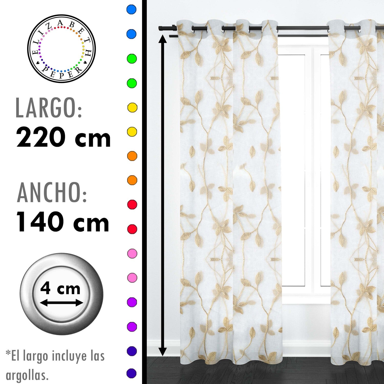 Set de Cortinas Visillo 2 Paños de 140 x 220 cm Dorado