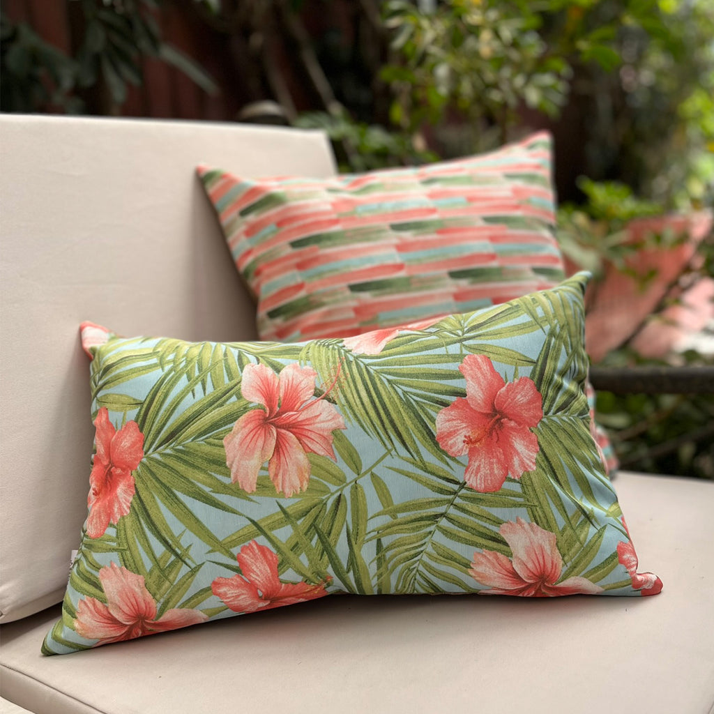 Funda Cojin Decorativo Diseño Hibisco Rosa Verde