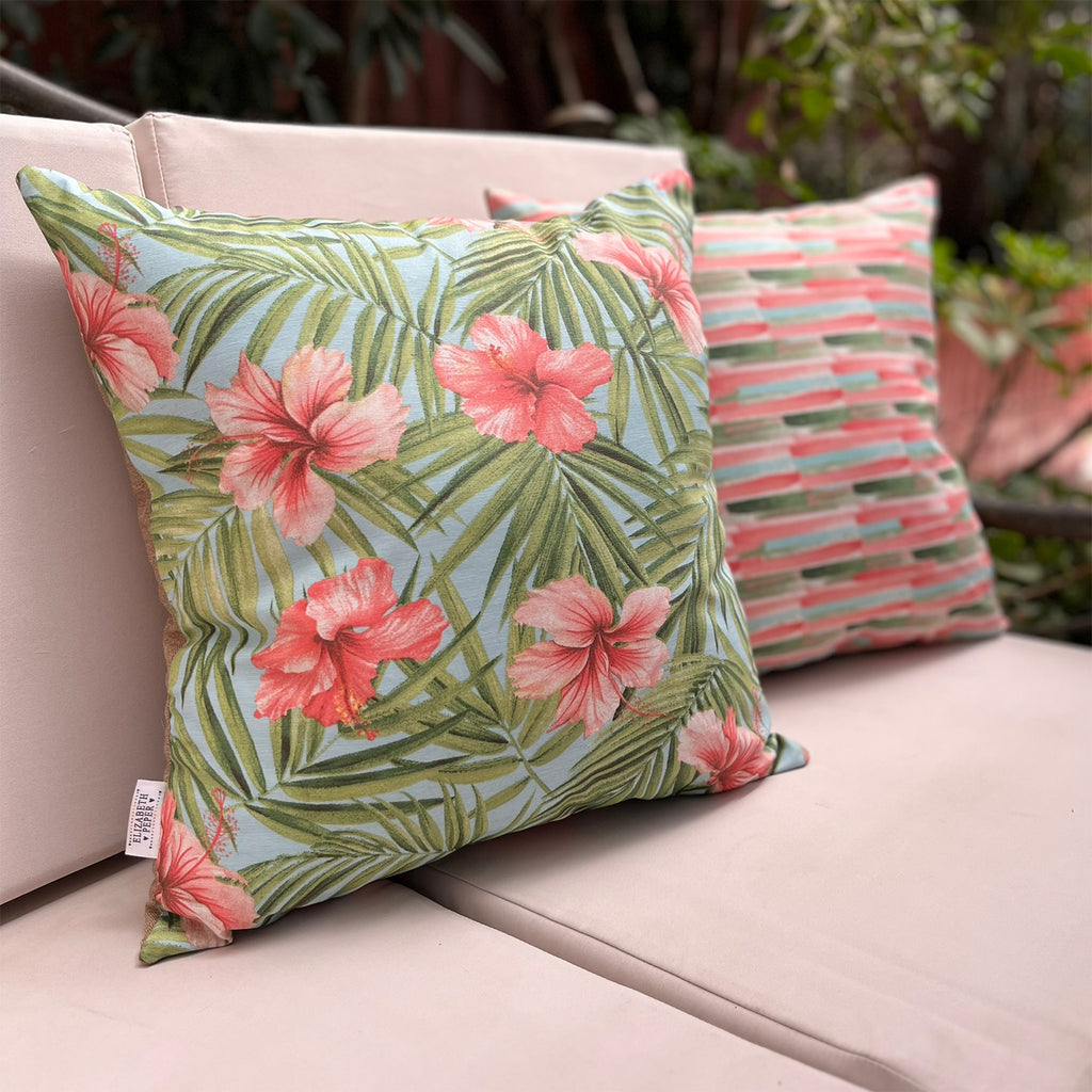 Funda Cojin Decorativo Diseño Hibisco Rosa Verde