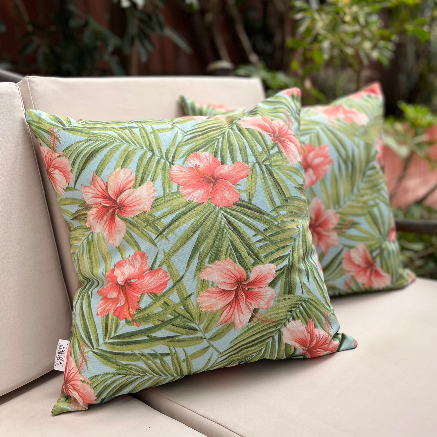 Funda Cojin Decorativo Diseño Hibisco Rosa Verde