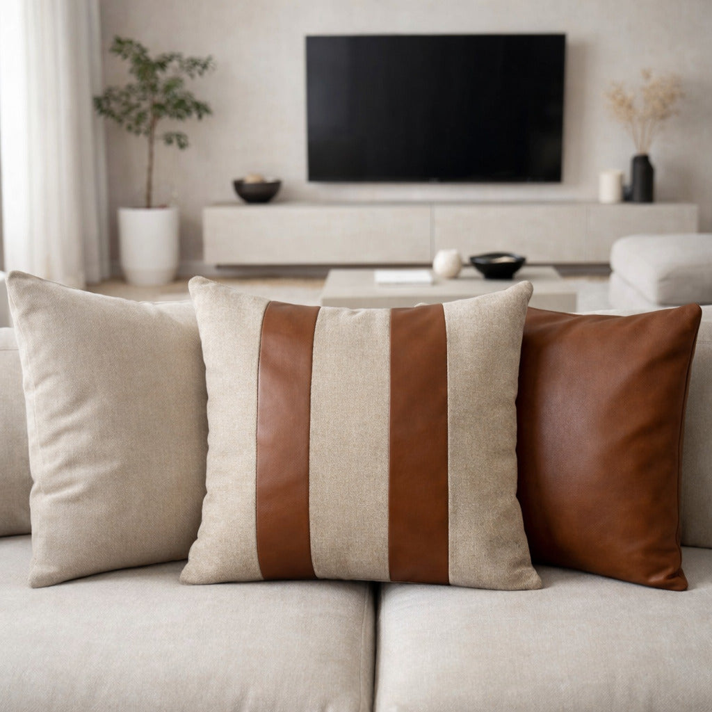 Funda Cojin Decorativo Diseño Lino Cafe Ecocuero