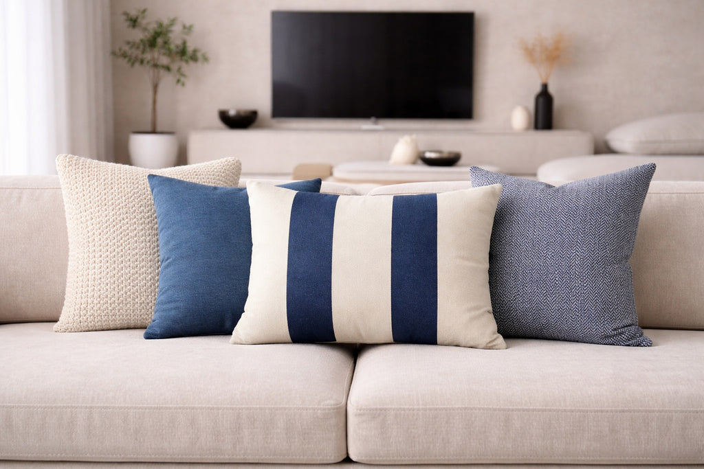 Funda Cojin Decorativo Diseño Lino Azul Blanco