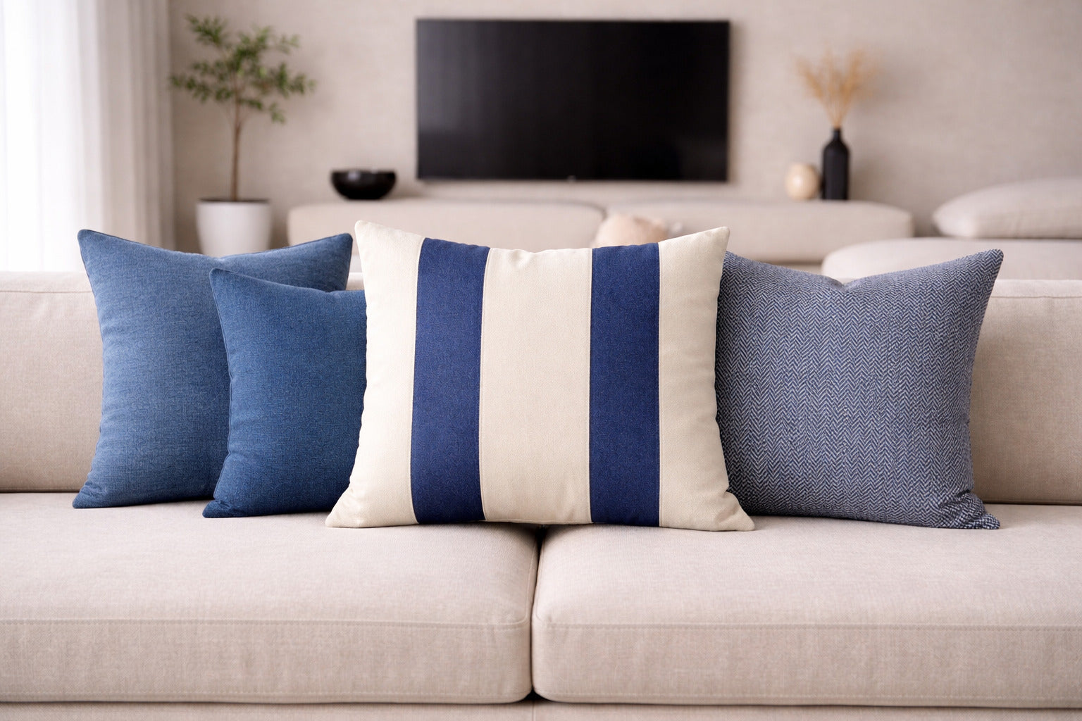 Funda Cojin Decorativo Diseño Lino Azul Blanco