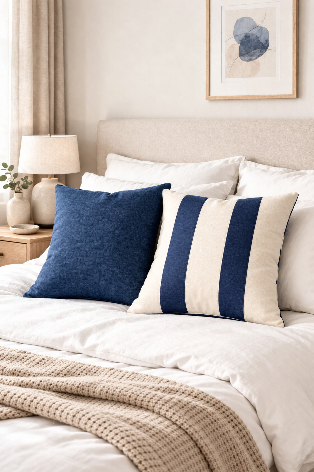 Funda Cojin Decorativo Diseño Lino Azul Blanco