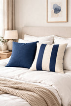 Funda Cojin Decorativo Diseño Lino Azul Blanco